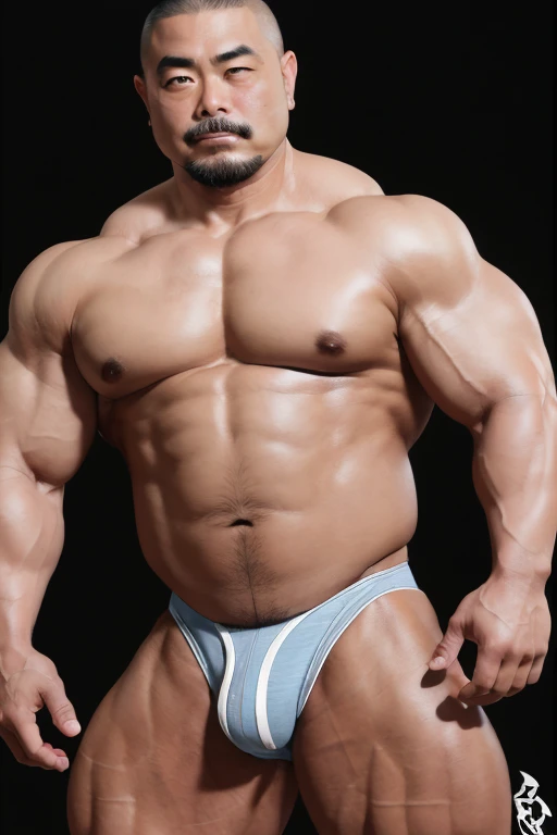 Japanese middle-age male, skinhead, shaved head, short goatee, bulky, muscler man, thick body, wearing thong, shaved body hair