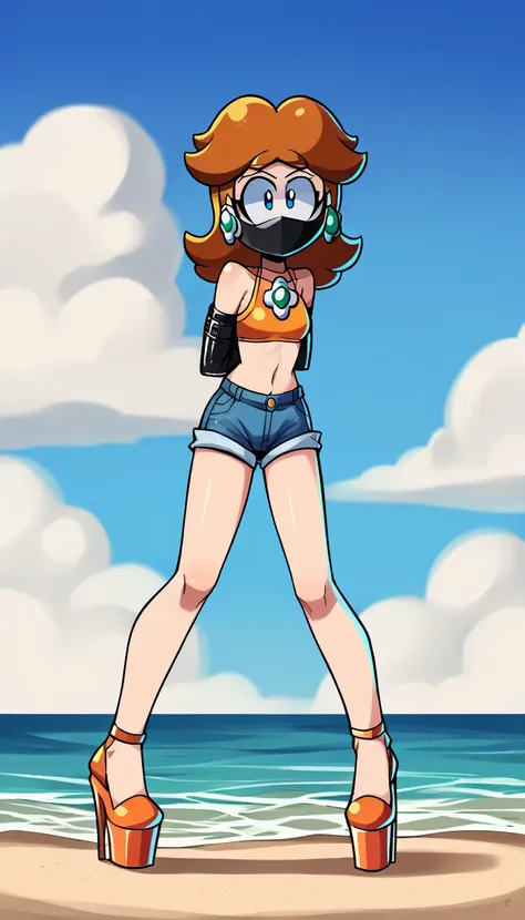  ( Pringus Mcdingus), zPDXL, score_9, score_8_up, score_7_up, source_anime, 1girl, solo, sand, ocean, sky, cloud, blue sky, flat color,
 pringus, (princess Daisy, princess daisy from súper Mario lore, wearing top orange bikini, shorts hair, ((blond skin)),...