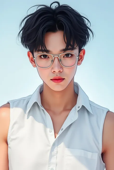 Create a picture of Hamada Asahi from k-pop group treasure wearing a specs with sleeveless white shirt 
