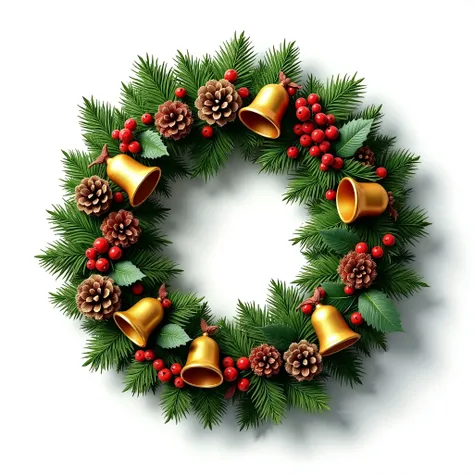 A lush green Christmas wreath decorated with golden bells, red berries, and pinecones, placed against a crisp white background. Shadows give it a lifelike 3D effect.

