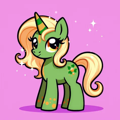 The pony on the left side is green and on the right side there is an orange stripe on the mane and a green stripe on the tail, the right eye is orange and the left eye is green 