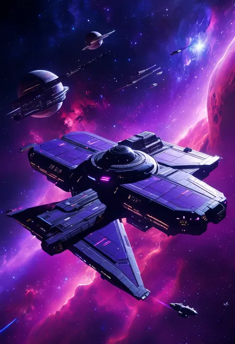 Mass Effect space station: the citadel, set in space, among purple and fuchsia nebula gases,