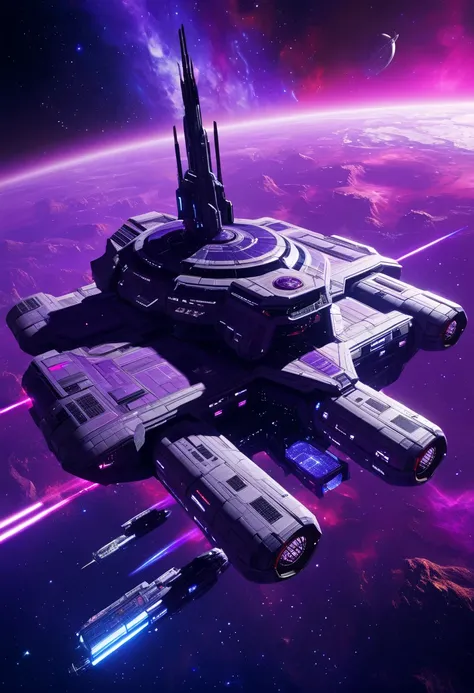 Mass Effect space station: the citadel, set in space, among purple and fuchsia nebula gases,