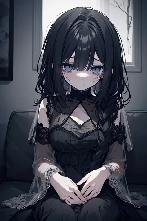 a sad and depressed girl, extremely detailed face and eyes, sorrowful expression, tears in eyes, disheveled hair, wearing a plain dress, sitting alone in a dark and gloomy room, dramatic lighting, chiaroscuro, moody and melancholic atmosphere, muted color ...