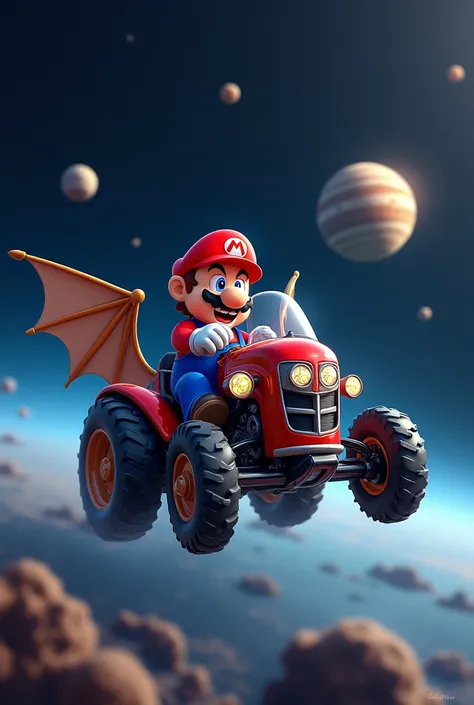  Super Mario driving Bat-Tractor in outer space. Bat-Tractor has glass protection .