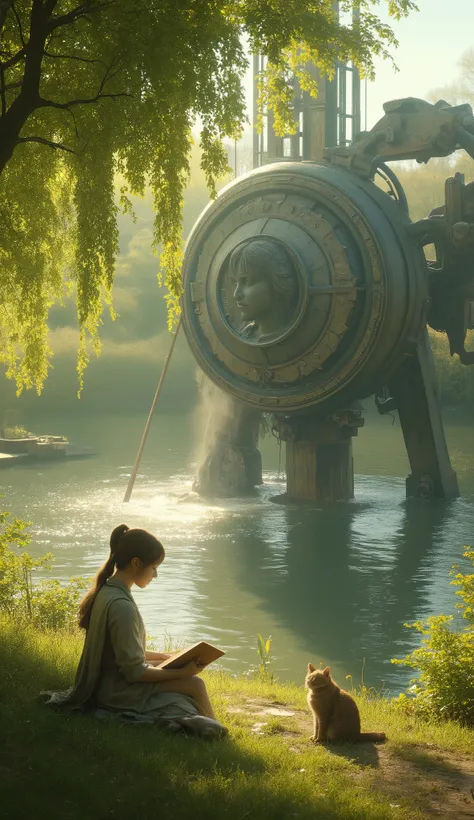 A girl reads a book on the lakeside,  bright color, spring, Willow Branch, comfortable, Warm Sunlight ,  A cat with a high-definition image ,  atmospheric perspective , 8k,  super detailed, Accurate,  top quality,  facing the side, Aerial angle, (( and a r...