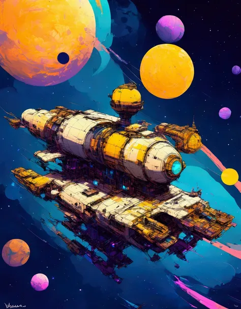 Stylish Space Station Close-Up. space station art. ligne claire style, Sci-fi illustrations by Vincent Mahé, An impressive retro-futuristic space station floating in space, floating sensation, galaxy, Distant nebulae. hatching, colorful, Vibrant color, Ins...