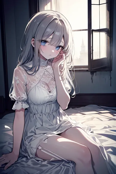 a girl with sad expression, tears in her eyes, longing and melancholy look, beautiful detailed eyes, beautiful detailed lips, extremely detailed face, long eyelashes, wearing white dress, sitting in abandoned room, sunlight shining through broken window, d...