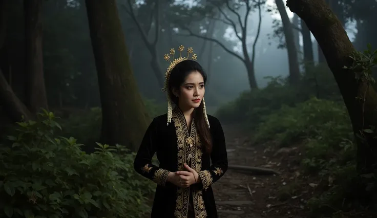 ((ultra-realistic photo)) [A 19-year-old Indonesian bride, dressed in a black Javanese wedding kebaya with gold accents and a brown kebaya skirt, walks through a dense forest at night. Tears stream down her face as she moves slowly, her expression deeply s...