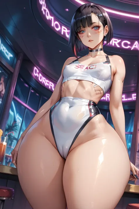   High resolution   ,    better quality, Ultra HD, 1 ,    small breasts,   short hair,    black hair,    Fringe between the eyes ,   massive thighs  , huge ass,    WIDE HIP,    thin waist ,  micro jersey very tight, micro jersey very low cut  ,vista inferi...