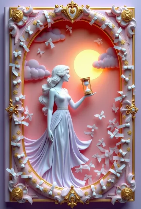 Prettiest 3D lavender, light pink, gold DIARY COVER carved sculpture gold victorian royal, inner design of the diary is silhouette white woman wavy long hair in silk dress, holding hourglass, and many flying mini bow white gold lining ribbon in the clouds ...