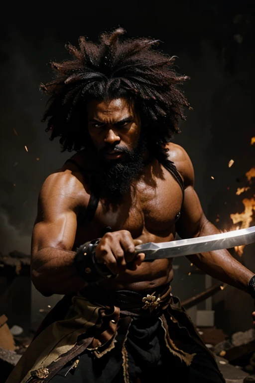  Generate an image of a black man fighting, with an afro and long tunic , against the background of destruction , With a sword in his hand,  that has a long beard and that looks angry .