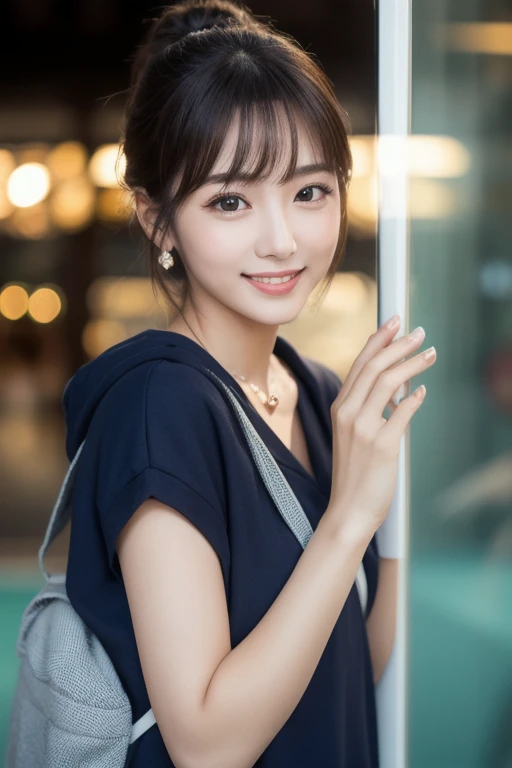  Inhaling Eyes , cute double ,  a woman hugging a stuffed animal in an aquarium, Dolphin show, Inward-curling short hair, hairpin,  clothes chosen for a date , Talented , Kind personality,  woman who is very particular about the details ,  detailed hair,  ...