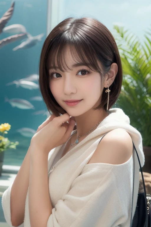  Inhaling Eyes , cute double ,  a woman hugging a stuffed animal in an aquarium, Dolphin show, Inward-curling short hair, hairpin,  clothes chosen for a date , Talented , Kind personality,  woman who is very particular about the details ,  detailed hair,  ...