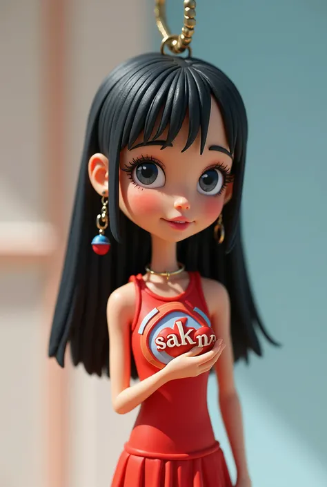 Pixar、 deformed girl bust keychain with house key、Rubber 、Logo on the chest "Sakana"  girls bust keychain {x}、The colorful and pop font ,  black hair,  straight long hair, cheerleader、
