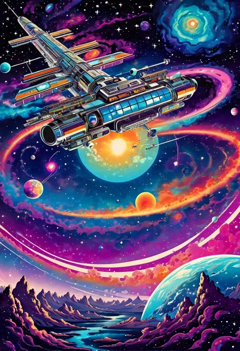 Space station. space station art, "Andromedar SR1". Groovy retro vibes, 70s hippie style psychedelic art posters. hippie style fluid art style, Vintage psychedelic landscape with galaxy and nebulae, stars. Chillwave, "Love and Peace" Psychedelic art