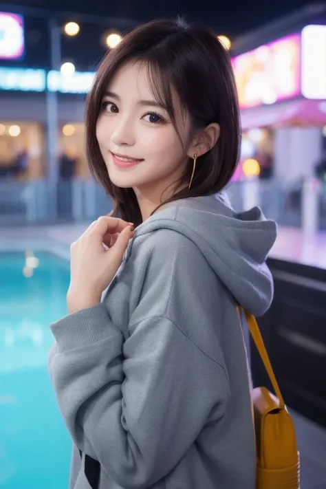  Inhaling Eyes , cute double , Woman hugging her favorite stuffed animal in an aquarium, Dolphin show, Inward-curling short hair, hairpin,  clothes chosen for a date , Talented , Kind personality,  woman who is very particular about the details ,  detailed...