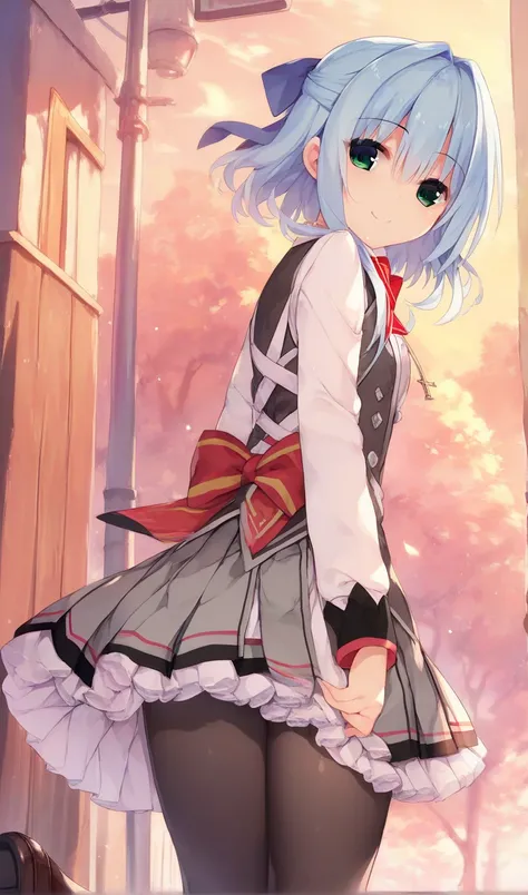 asumi-default,school uniform,green eyes,blue hair,hair ribbon,school uniform, red bow,frills,shirt,pleated skirt,frilled skirt,black pantyhose,loafers,standing,smile,cross_leg,outdoor,昼,下から