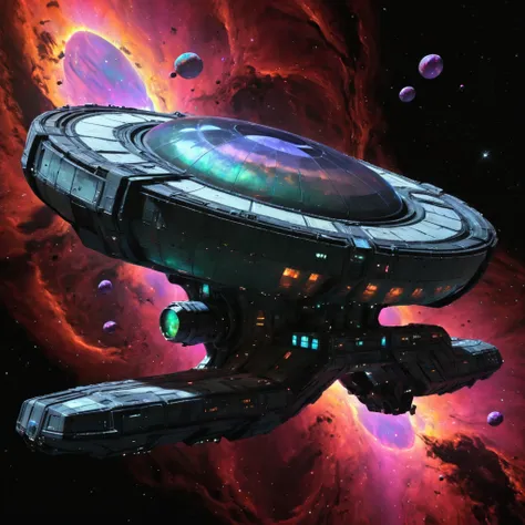 Mass Effect space station: the citadel, ((made of shining fire-opal material)) , set in space, among purple and fuchsia nebula gases, martius_nebula