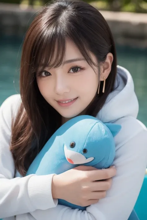  Inhaling Eyes , cute double , A woman hugs her favorite stuffed animal at a dolphin show, Beluga, Inward-curling short hair, hairpin,  clothes chosen for a date , Talented , Kind personality,  woman who is very particular about the details ,  detailed hai...