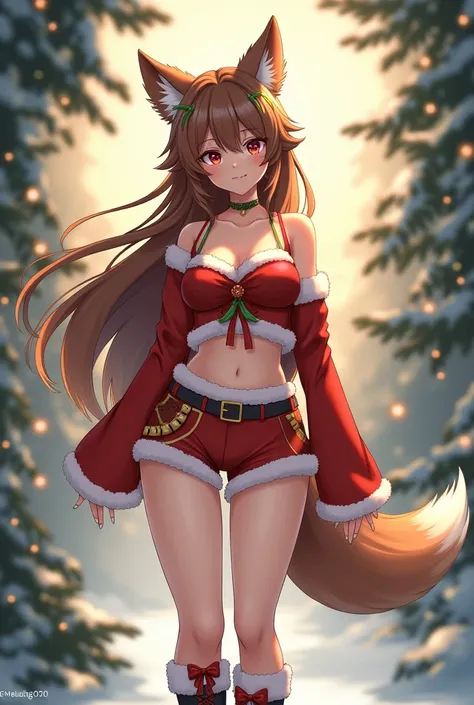 1pcs Lolli Long Hair , Chest,  Fox Ears and Tail Ribbon ,  High Resolution , Big breasts,  Christmas Clothing Shorts Boots Hair Off Shoulder Brown Hair Black Stockings