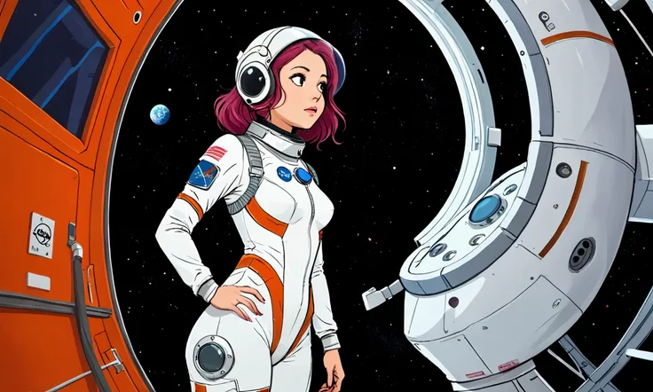 A cute woman (age 26, sho rt hair, done helmet, sexy space suit, amazing butt, confused) inspecting the exterior of a space station. Viewed from a low angle focus on butt.