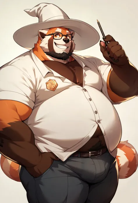 Obese, male red panda, glasses, full beard, balding, happy, short, smile, solo, wide hips, big butt, stout, daddy beard, big, short legs, white robes, white conical wizard hat, 