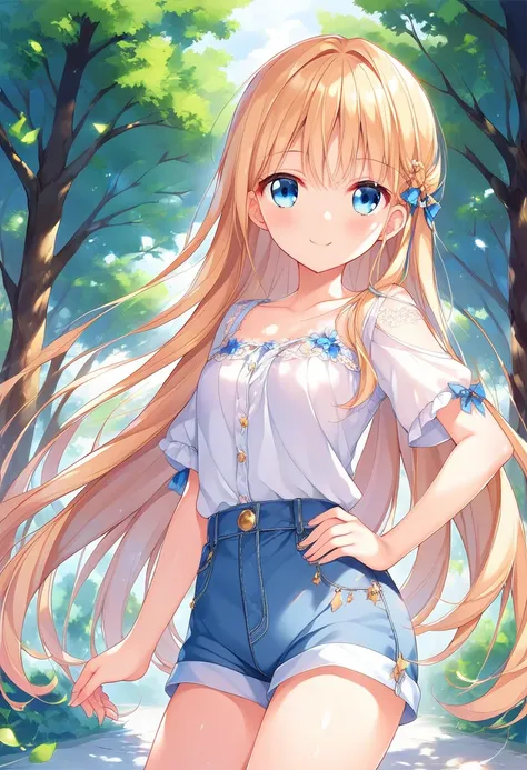 Semi-long and blue、blue eyes、beautiful girl、Smiling、A middle school girl with slanted eyes、A light jumper and shorts、tall、Mid-chest、Park Anime Girl, Enchanting anime girl,One hand on hip anime style, Best anime girl, Small curves, rei hiroe,  style, Anime ...