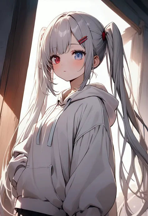    Silver Hair、 Left eye red、Right eye blue、Long Hair Clip 、       white hoodie   、cute girl、    twin tails