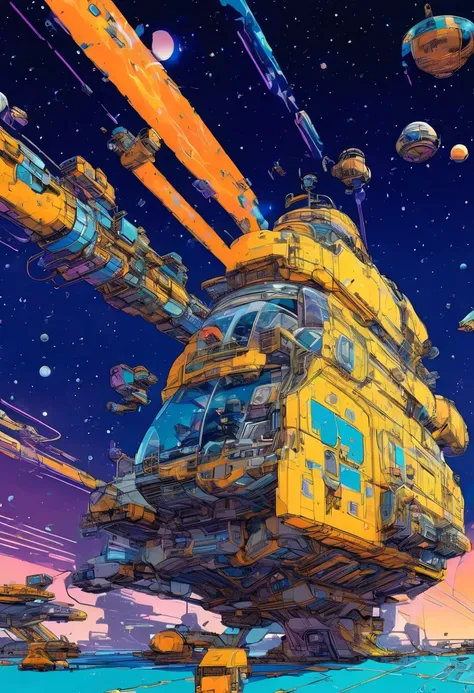 Stylish Space Station Close-Up. space station art. ligne claire style, Sci-fi illustrations by Vincent Mahé, An impressive retro-futuristic space station floating in space, floating sensation, galaxy, Distant nebulae. hatching, colorful, Vibrant color, Ins...