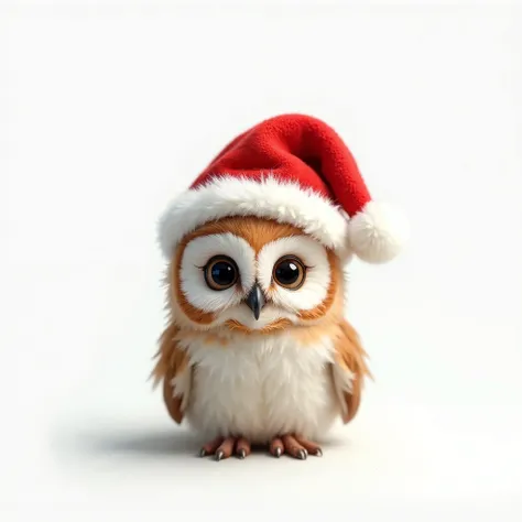 A fluffy baby owl wearing a tiny red Santa hat, sitting calmly against a clean white background. Its big, curious eyes add charm, while the hat’s fur trim is hyper-detailed.

