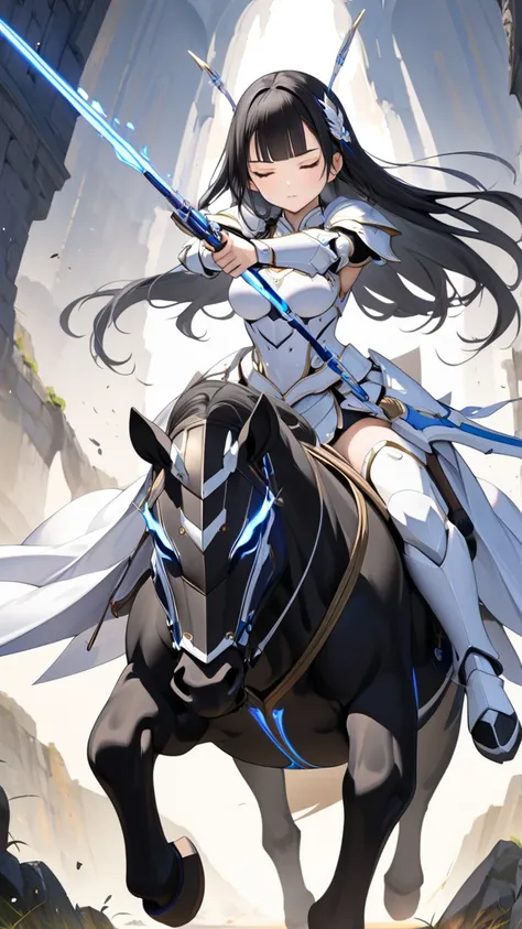 (beautiful and delicate) (holy war illustration), (in a  white shrine Knight Armor), ((Riding a unicorn back)), break, solo, frontale, (detailed blunt bangs, vivid black hair, long hair, ultra beautiful and ultra cute Archer knight girl, age 15), (ultra se...