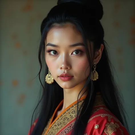 woman　black hair black eye chignon hair　 thick eyebrows 　 ethnic costumes