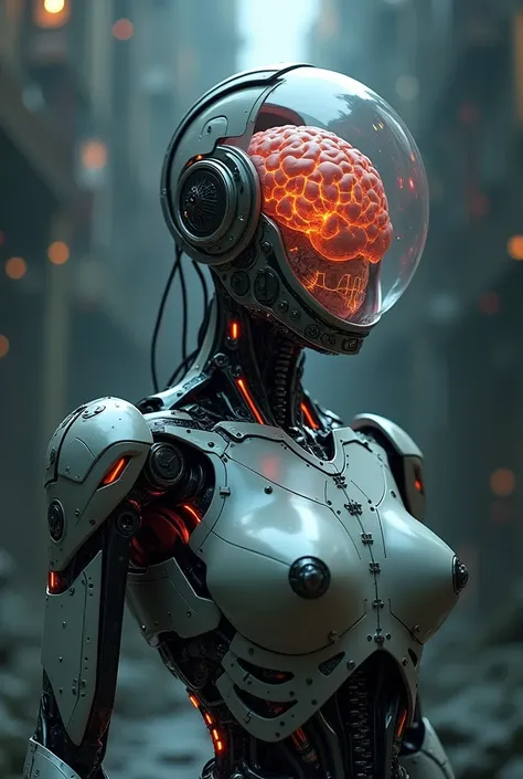 a cyborg that is fully robotic/mechanical except the human brain  that incased in   a  hard transparent head/helmet (acrylic polycarbonate plastic)_ , reveals a human brain floating in amniotic fluid. 