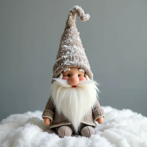 A small Christmas gnome figurine with a snow-dusted hat, sitting against a simple grey background. Its beard is fluffy, and its round nose peeks out from under the hat.

