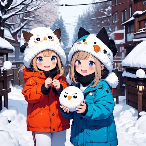    masterpiece  、Snowy Town 、Two girls personify baby owls  、  body 、Chibi、      catches an owls ears and tail  、snowball fight  ,   happy expression