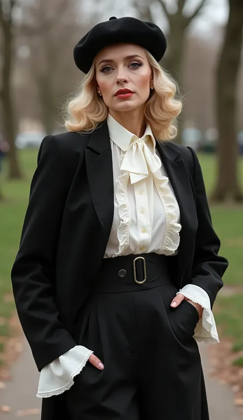 Front view, Full body , standing stylish model pose, Germany Actress is  Marlene Dittrich, 30-age, blond classic hair,  dressed in male attire, black jacket,  middle skirt, white blouse with ruffles around the neck and sleeves, wearing a black beret hat.in...