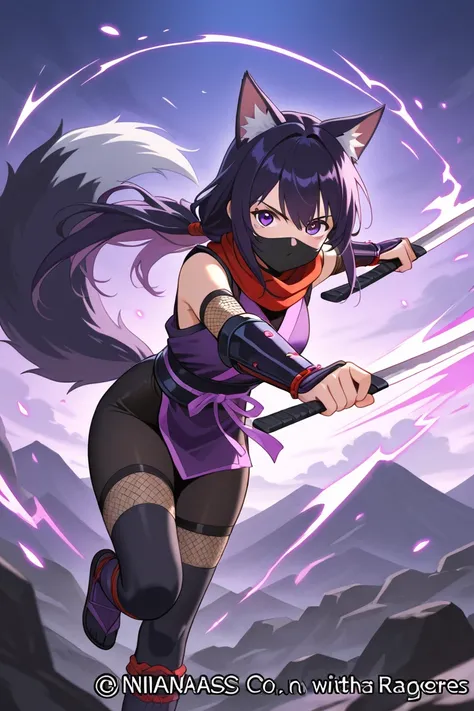 Waifu with wolf ears and tail, ninja with mask , with long hair,  Ninja costume , with ninja weapons ,with kunais , with purple eyes, con navajas ninja, con kunais con sangre