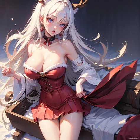 (( Highest Masterpiece、16k、 top quality))、(( Anatomically Correct ))、Cat ears、Miniskirt Santa Outfit、  attractive,desire, Obscene,  pretty girl, Captivating body lines , ((  fine facial features ,   open your mouth, eroticism)),  dramatic lighting  ,  real...