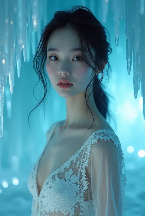 (【8k,  realistic , Original picture,  top quality:, Change out of different feelings of time freeze 。Wearing a lace vest
In the cold ice cave
Time Freeze， professional term ： Quick shutter ，1/8000/seconds ， in a frozen scene that captures the state of most...