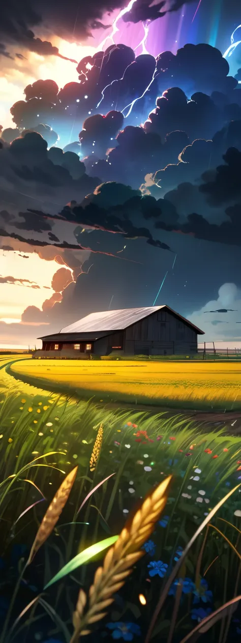 Expansive landscape photograph, (view from below with a view of the sky and the landscape below), wheat field, flowers, weeds, (dark storm clouds, large tornado: 1.2), (rain;0.9), a distant barn, wooden fence, rain, lightning, intricate detail, volume ligh...