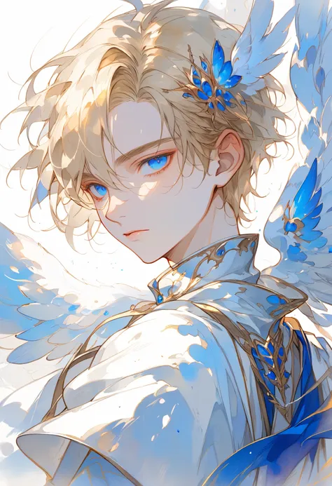 watercolor, A young angel man, short straight blonde hair , blue eyes , white wings on his back , Prince clothes , Medieval fantasy, located in the lower right corner , watercolor con bajo contraste, soft line , young man with a beautiful face , extre...