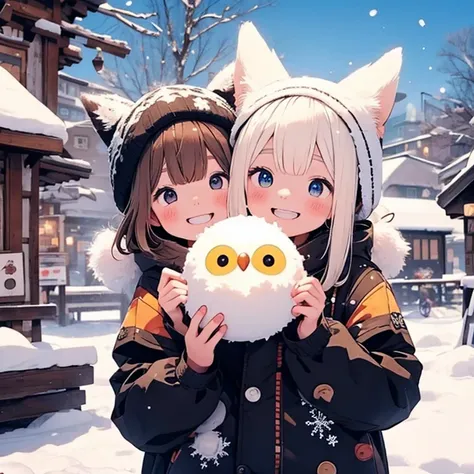    masterpiece  、Snowy Town 、Two girls personify baby owls  、  body 、Chibi、     Catch cute owl ears and tails 、snowball fight  ,   happy expression