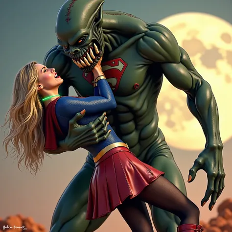 Melissa Benoist as Supergirl, face of Melissa Benoist, very bright white skin, Supergirl is fighting and defeating by a huge body fierce Alien Monster, It is standing in front of her, the Alien Monster seize her body tightly, can see whole body, Supergirl ...