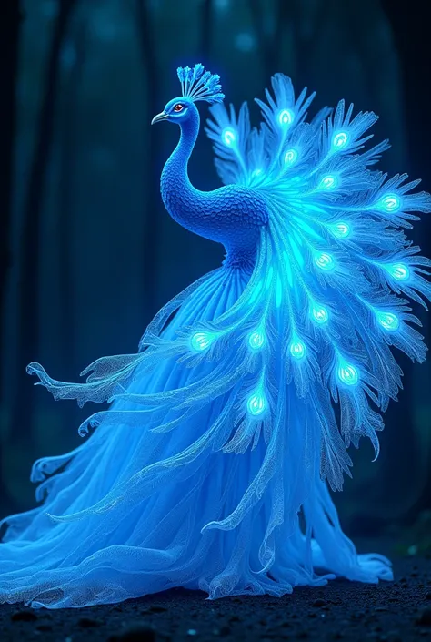 a colorful blue lighted peacock dancing