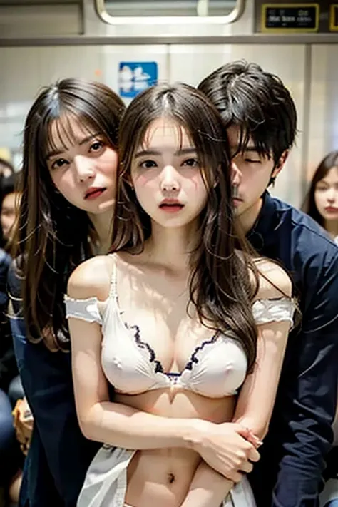  top quality、 super high resolution、(Summer clothes)、 flat chested、 small breasts、Beautiful breasts、 beautiful expression 、 beautiful face、  Beautiful Eyes  、 young woman、Subway car interior background、 in a crowded train、(  There are plenty of men on the ...