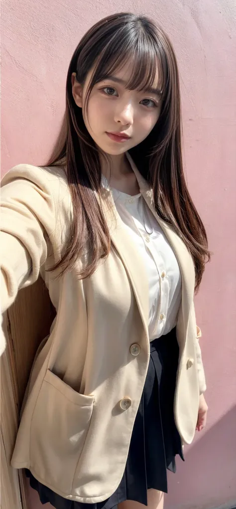 Japan Beauty、Live action、Poses variadas、pink wall background shot、Colossal tits、prominent 、blouse、skirt, Taken from the front、selfee、Showpan、White coat