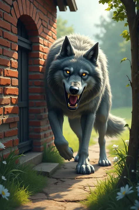 The wolf arrives at the brick house, it knocks on the door and speaks in the traditional way.:
	. “Open the door now, otherwise I will blow the house down !”
But no matter how hard the wolf blows, the brick house is still solid. 