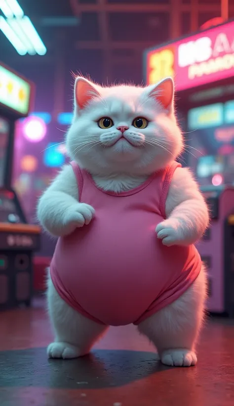 Back view of a fat, chunky white cat wearing a pink leotard on her head and trying out a punching machine at an arcade, (( extremely realistic)),(( Details)),(( Highest Masterpiece))