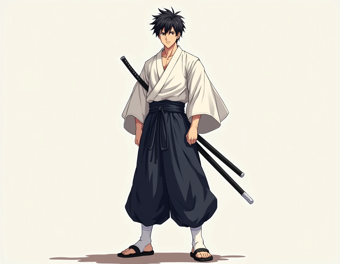  sapdachin with white kendogi, y hakama dark , a sword,  athletic body , anime ,  full body, standing, HD, young, Tibis Blancos 